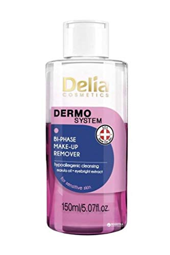 Delia Cosmetics - Hypoallergenes Zweiphasen-Liquid zum Entfernen von Augen- und Mund-Make-up Dermo System - Für empfindliche und zu Allergien neigende Haut - Ohne Duftstoffe, Parabene, Alkohol - 150ml von Delia Cosmetics