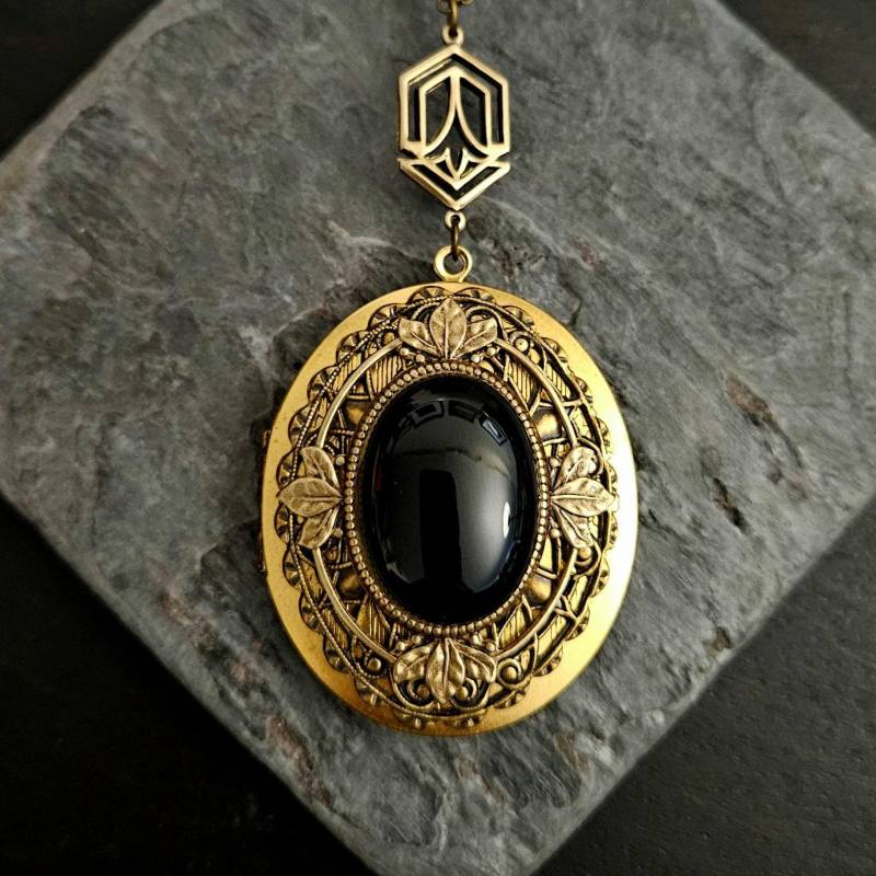 Art-Deco-Onyx-Medaillon, Ovales Edelstein-Medaillon, Große Medaillon-Halskette, Schwarzes Medaillon, Art-Deco-Medaillon, Lange von DelicateIndustry1