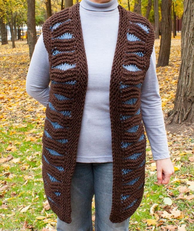 Frauen Weste 12 Größe Gestrickte Boho Kleidung Stricken Für Den Rest Lockerer Strickpullover Aus Dicken Filamenten Braun Und Himmelblau von DelicateKnitByMary