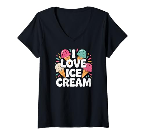 Damen Ich Liebe Ice Cream Delight Fan T-Shirt mit V-Ausschnitt Damen Ich Liebe Ice Cream Delight Fan T-Shirt mit V-Ausschnitt von Delicious Frozen Treat Enthusiast Brand