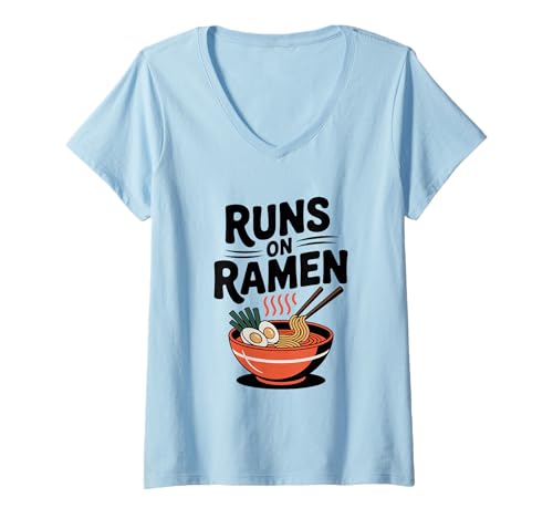 Damen Runs on Ramen Funny Foodie Lover für Ramen Fans T-Shirt mit V-Ausschnitt von Deliciously Funny Foodie Apparel Company