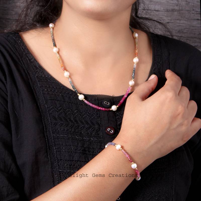 Exklusives Multi Saphir Schmuck Set-Multi Schmuck-Natur Perlen Halskette Armband Set-September Birthstone-Schöne Set von DelightGemsCreations