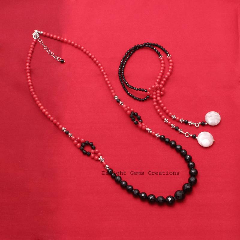 Natürliche Rote Koralle Mit Schwarzer Spinell Perlen Halskette Armband-Aaa Edelstein Schmuck Set-Damen Designer Set-Handmade von DelightGemsCreations