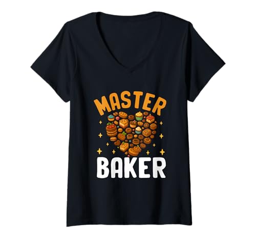 Damen Master Baker Gebäck-Kuchenliebhaber-Design T-Shirt mit V-Ausschnitt von Delightful Baked Goods Enthusiast Artistry