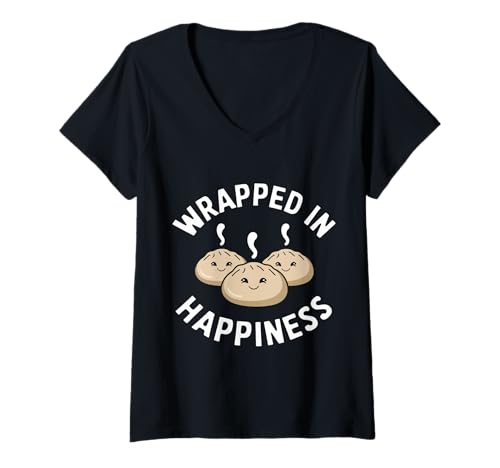 Damen Verpackt in Happiness Dumpling Design T-Shirt mit V-Ausschnitt von Delightful Dumpling Designs