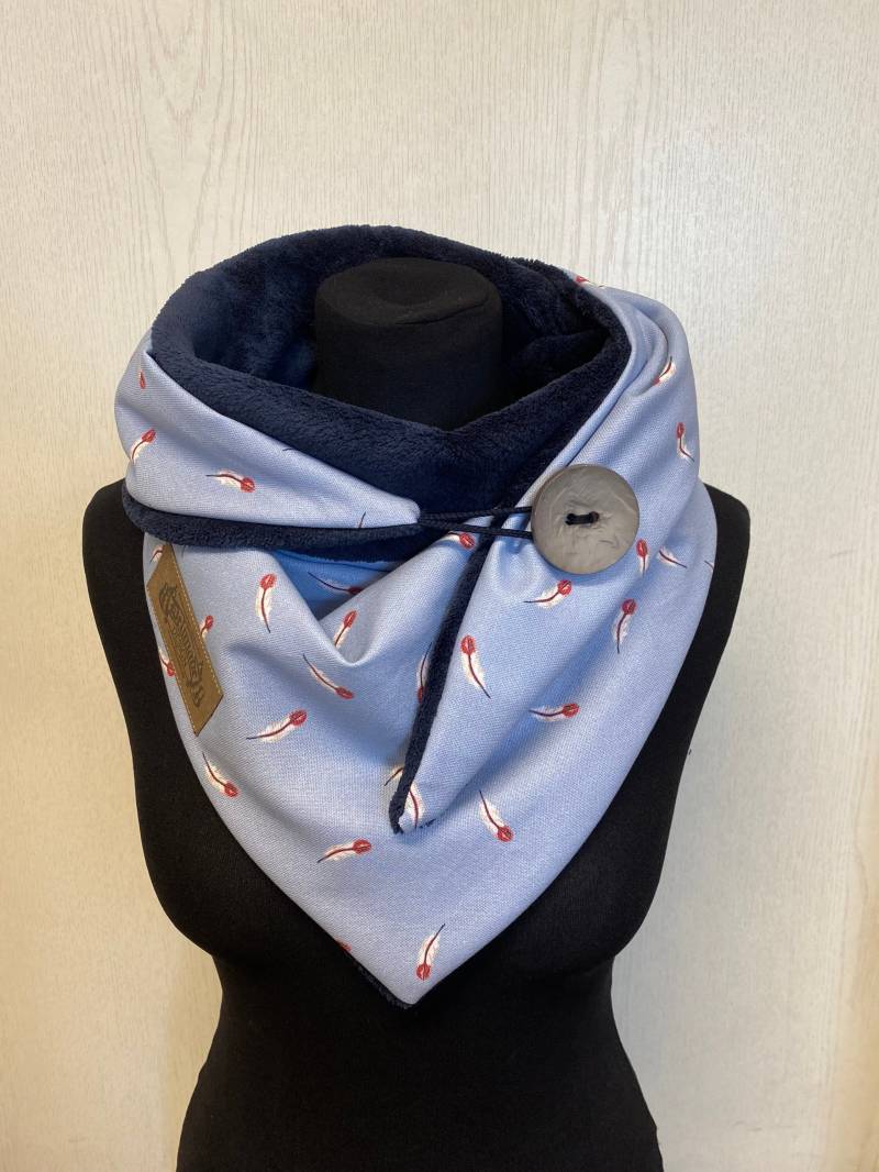 Schal Mit Knopf Federn Und Fleece Hellblau Dreieckstuch Damen Von Delimade Knopfschal/Geschenk von Delimade