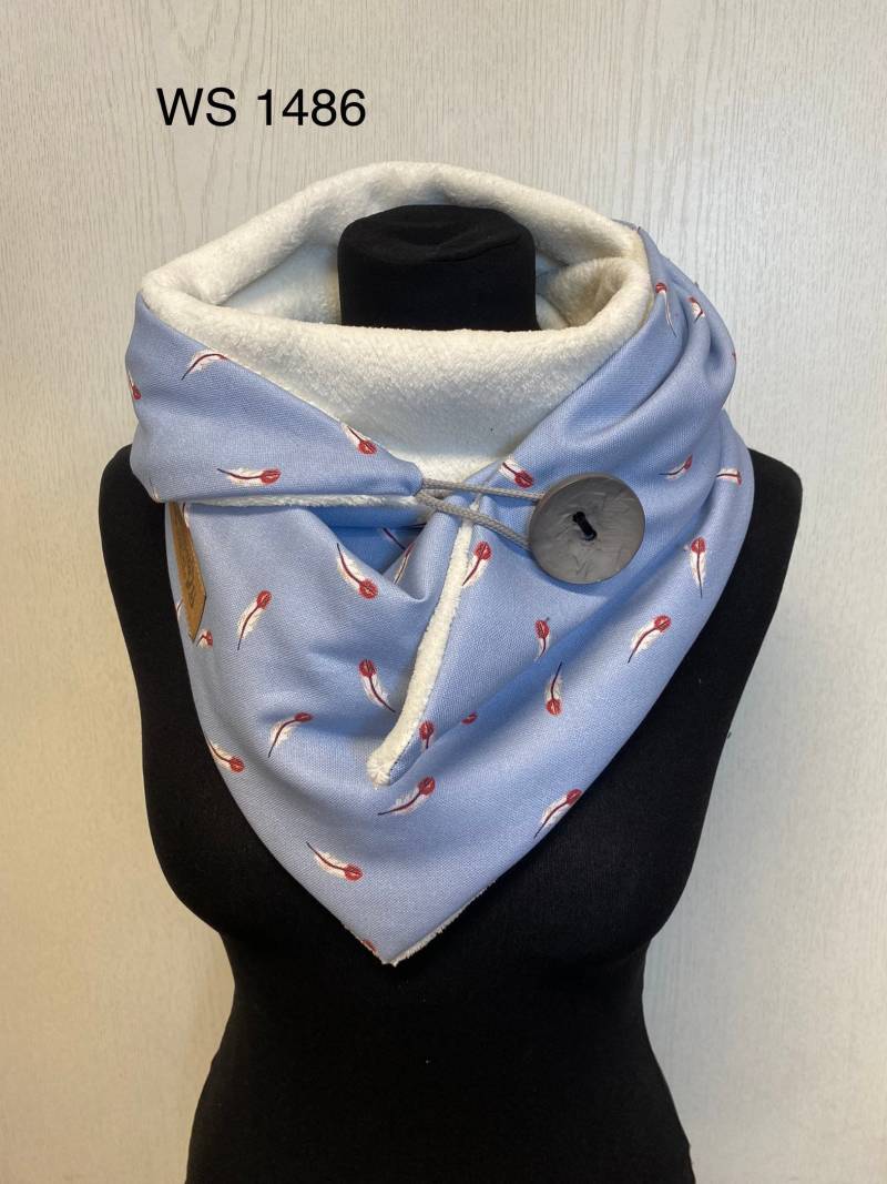 Wickelschal Mit Knopf Federn Und Fleece Schal Blau Weiß Dreieckstuch Damen Von Delimade Knopfschal/Geschenk von Delimade