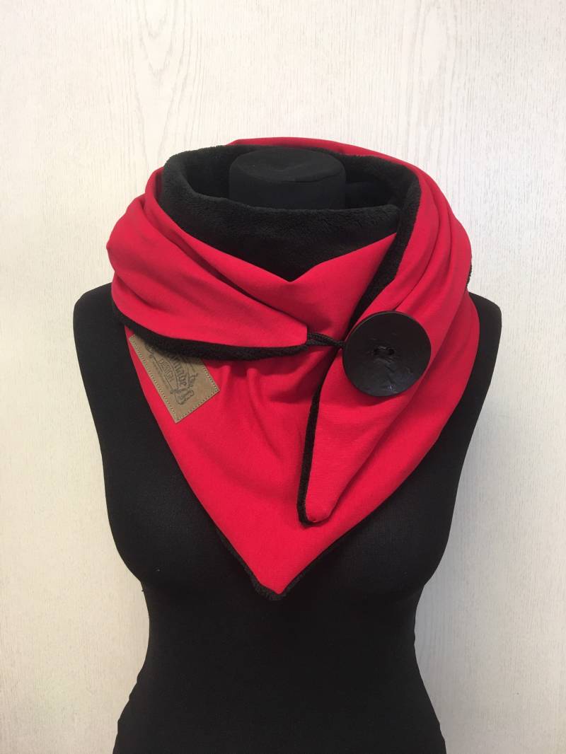 Wickelschal Rot Schwarz Mit Knopf Und Fleece Dreieckstuch Damen Schal Von Delimade Geschenk von Delimade