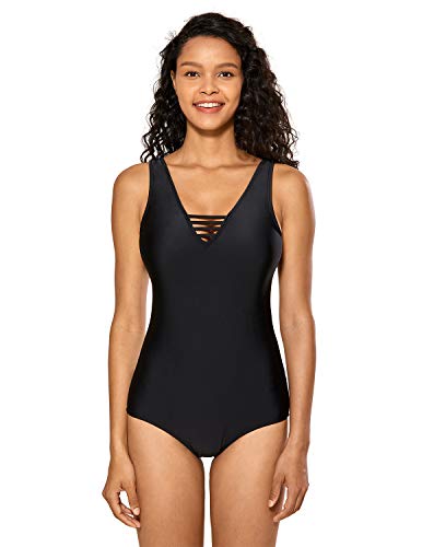 DELIMIRA Damen Einteiler Badeanzug V-Ausschnitt Schwimmanzug Figurformend Bademode Schwarz 44 von DELIMIRA