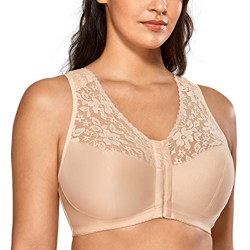 DELIMIRA Damen BH mit Vorderverschluss ohne Bügel Große Größen Spitzen BH Beige 85E von DELIMIRA