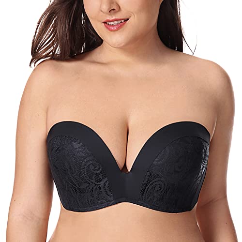 DELIMIRA Damen Push Up Trägerloser BH Spitze Große Größen BHS mit Gemoldete Cups Schwarz 80D von DELIMIRA