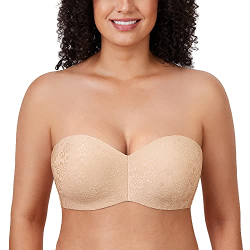 DELIMIRA Damen Jacquard Trägerloser BH Große Größen mit Bügel Bandeau BH ohne Träger ohne Polster für Dirndl Beige 70F von DELIMIRA