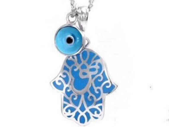 925 Sterling Silber Blau Spitze Hamsa W/Evil Eye Halskette 925 Sterling Silber Blau Spitze Hamsa W/Evil Eye Halskette von Delmasi