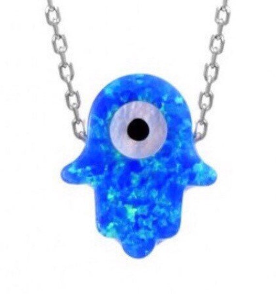 925 Sterling Silber Blue Opal Hamsa Mit Evil Eye Halskette 925 Sterling Silber Blue Opal Hamsa Mit Evil Eye Halskette von Delmasi