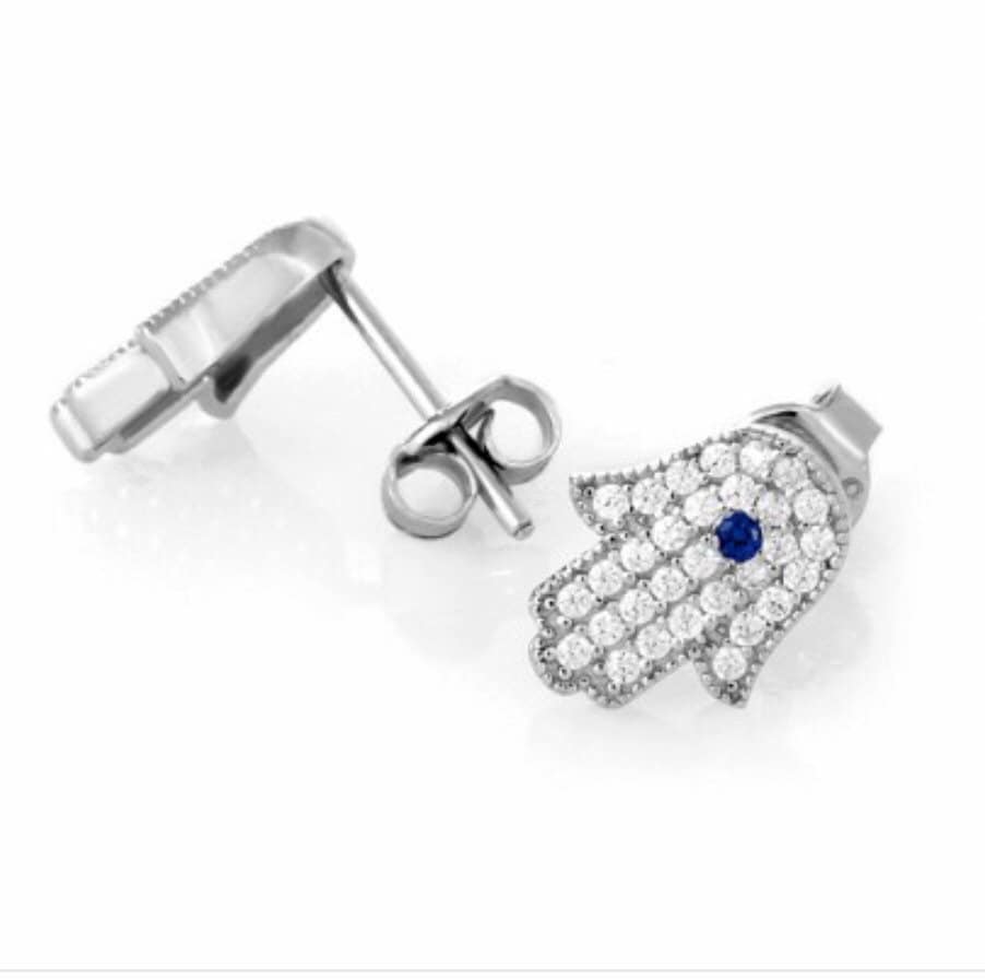 925 Sterling Silber Hamsa Ohrringe Mit Blauem Akzent 925 Sterling Silber Hamsa Ohrringe Mit Blauem Akzent von Delmasi