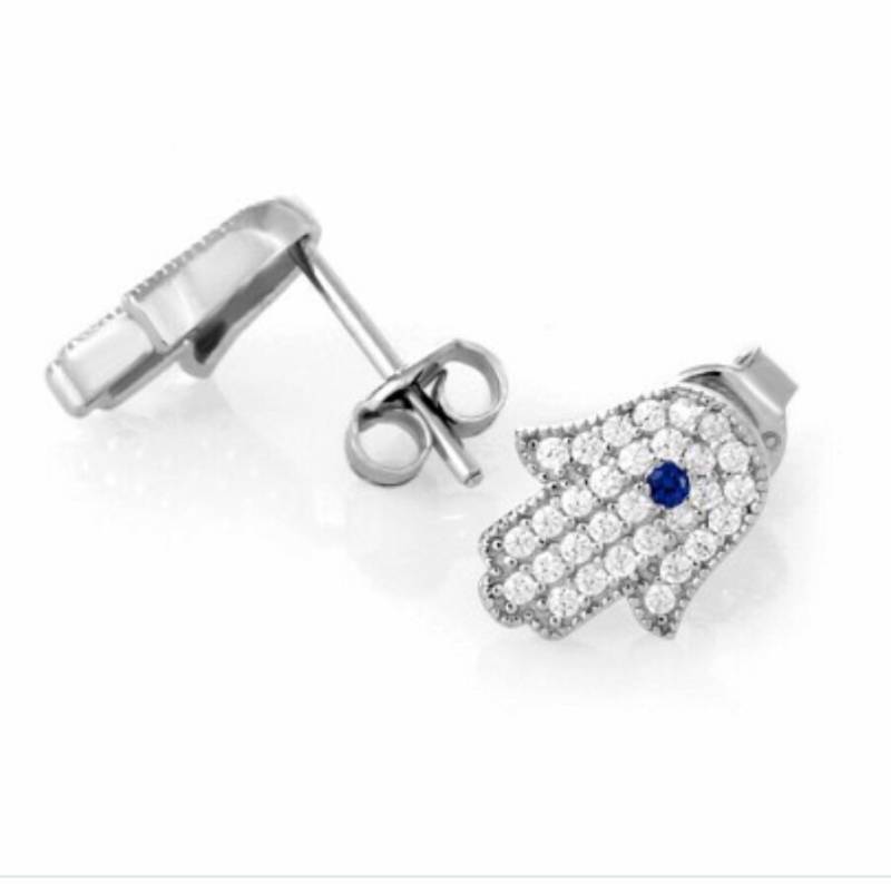 925 Sterling Silber Hamsa Ohrringe Mit Blauem Akzent 925 Sterling Silber Hamsa Ohrringe Mit Blauem Akzent von Delmasi