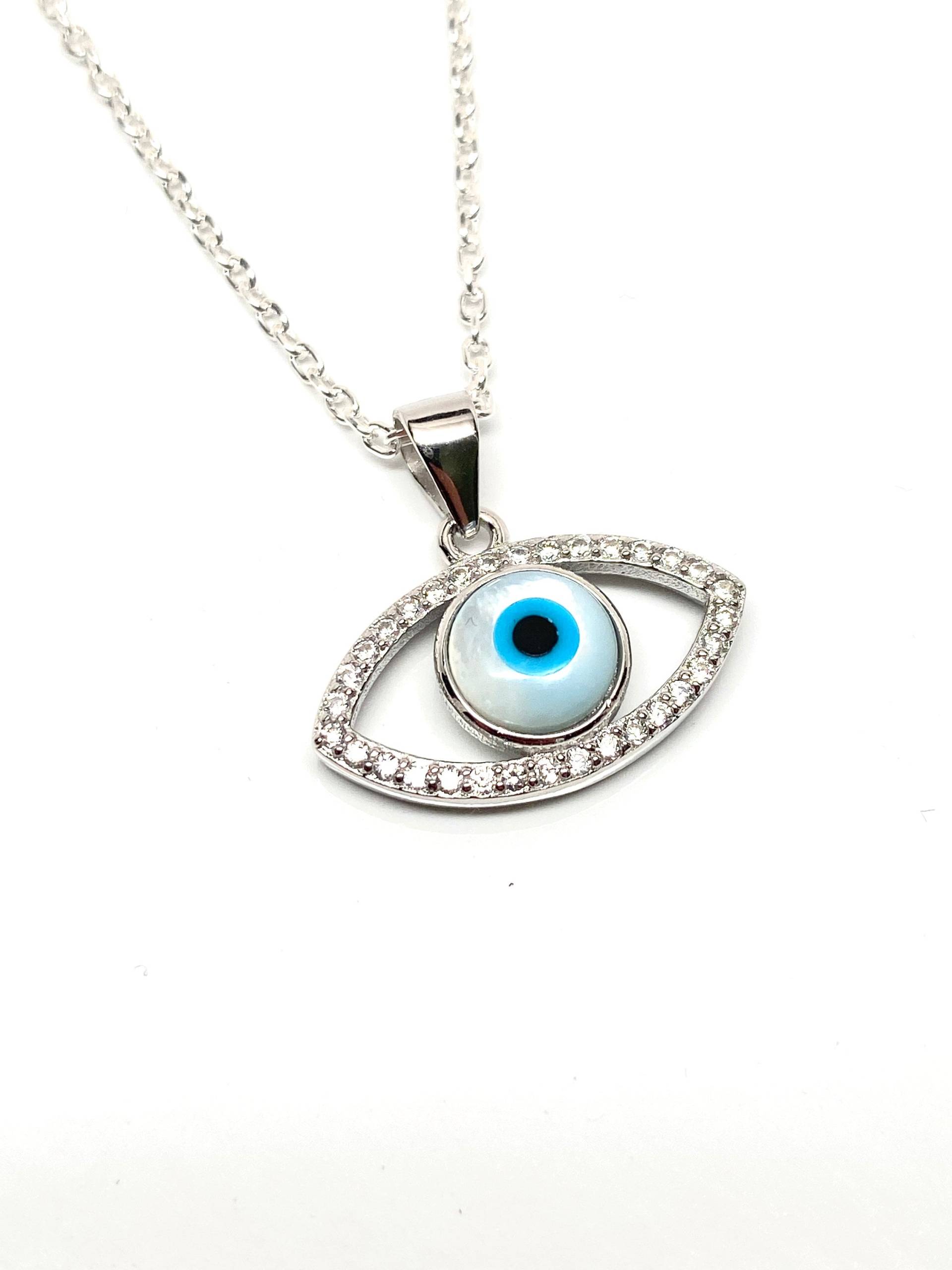 925 Sterling Silber Lünette Weiß Perlmutt Evil Eye Halskette 925 Sterling Silber Lünette Weiß Perlmutt Evil Eye Halskette von Delmasi