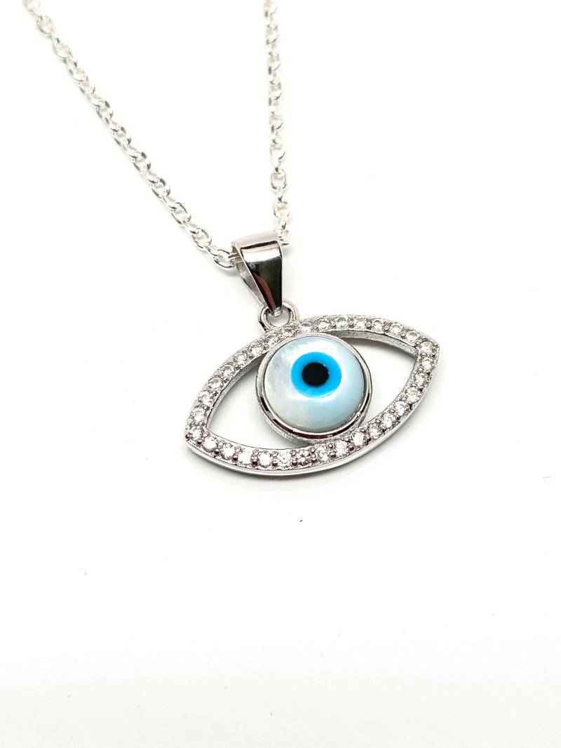 925 Sterling Silber Lünette Weiß Perlmutt Evil Eye Halskette 925 Sterling Silber Lünette Weiß Perlmutt Evil Eye Halskette von Delmasi