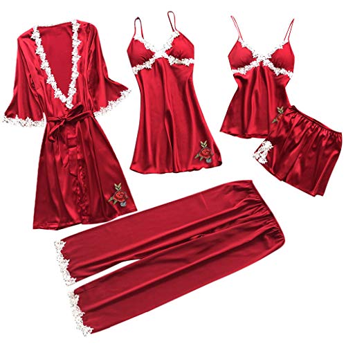 Deloito 4 Stück Dessous Set Damen Kunstseide Spitze Negligee Robe Nachtkleid Babydoll Nachtwäsche Nachthemd Pyjamas Schlafanzug Reizwäsche Vierteiliger Anzug (C-05, Medium) von Deloito Dessous