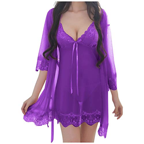 Deloito Damen Sexy Spitze Pyjama Unterwäsche Nachthemd Seiden Satin Kleid Nachtwäsche V-Ausschnitt Bodysuit Sleepwear Übergröße Schlafanzug Dessous (Lila,Large) von Deloito Dessous