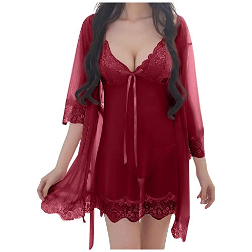 Deloito Damen Sexy Spitze Pyjama Unterwäsche Nachthemd Seiden Satin Kleid Nachtwäsche V-Ausschnitt Bodysuit Sleepwear Übergröße Schlafanzug Dessous (Weinrot,XXX-Large) von Deloito Dessous