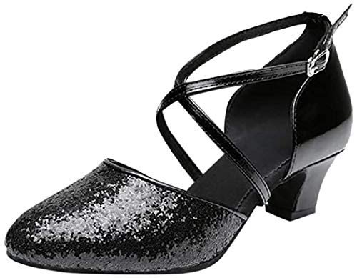 Deloito Damen Mid-High Heels modern Glitzer-Pailletten Tanzschuhe Ballsaal PU weicher Boden Latein Tango Flach Tanzen Schuhe (39 EU, Schwarz-B) von Deloito Schuhe