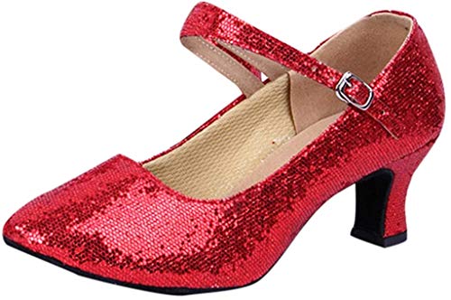 Deloito Damen Mid-High Heels modern Glitzer-Pailletten Tanzschuhe Ballsaal PU weicher Boden Latein Tango Flach Tanzen Schuhe (Rot,37 EU) von Deloito Schuhe