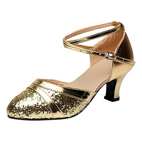 Deloito Damen Mode Elegant Ballsaal Tango Latein Salsa Tanzschuhe Party Hochzeit Sozial Pailletten Schuhe Weicher Boden Spitze Absätze Tanzschuh (40 EU, Gold-B) von Deloito Schuhe