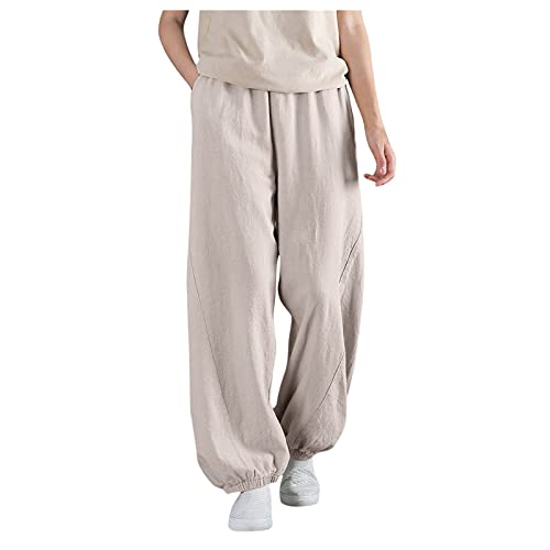 Deloito Freizeithose Damen Loose Fit Leinenhose Atmungsaktiv Pumphose Sommer Bequem Schlupfhose Frauen Elegant Sommerhose Leicht Stoffhose Baggy Aladinhose Lang Lose Yogahose Trainingshose, Beige, XL von Deloito