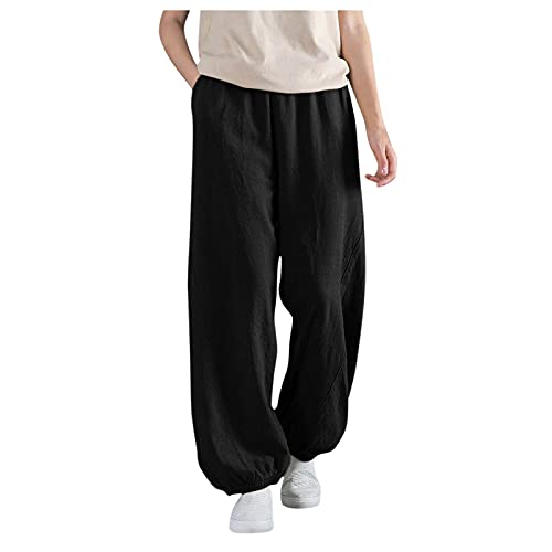 Deloito Freizeithose Damen Loose Fit Leinenhose Atmungsaktiv Pumphose Sommer Schlupfhose Frauen Sommerhose Leicht Stoffhose Baggy Aladinhose Lang Lose Yogahose Trainingshose, Schwarz, XL von Deloito