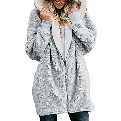 Deloito Kapuzenjacke Damen Fleece Mantel Warme Winterparka Langer Jacke Mäntel Mit Kapuze Einfarbiger Plüschjacke Winterjacke Wattierte Frauen Herbst Winter Plüschmantel, Grau, 4XL von Deloito