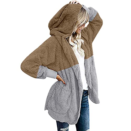 Deloito Plüschjacke Damen Hoodie Jacke Teddy-Fleece Mantel Warm Übergangsjacke Oversize Flauschig Kuschelig Kapuzenjacke Langarm Winterjacke Cardigan Mit Tasche und Kapuze Fleece Sweatjacke, Braun, L von Deloito