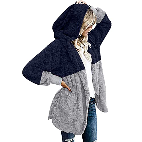 Deloito Plüschjacke Damen Teddy-Fleece Sweatshirt mit Kapuze Fleece Hoodie Jacke Warm Cardigan Oversize Plüsch Mantel Herbst Winter Plüschmantel Wintermantel Farbblock Kapuzenjacke mit Taschen von Deloito