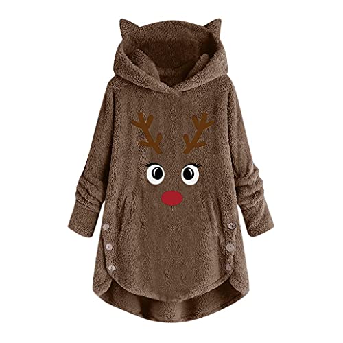 Kapuzenpullover Damen Süßer Katze Ohren Mantel Teddy Fleece Pullover Weihnachten Elch Sweatshirt Weihnachtspullover Warme Plüsch Hoodie Rentier Drucken Mäntel Casual Übergangsjacke von Deloito