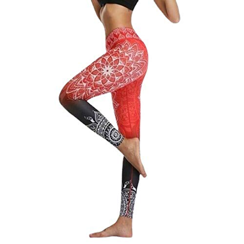 Deloito Yoga Leggings Damen High Waist Sport-Leggings Slim Fit Knöchellang Fitnesshose Push Up Bauchkontrolle Hose Vintage Bedruckt Sporthose Lang Laufhose Frauen Teenager Mädchen Pant, Rot von Deloito