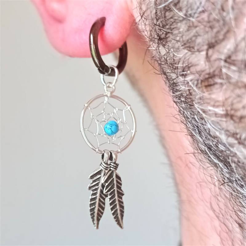 925Er Silber-Creole Mit Schwarzem Emaille Und Traumfänger-Anhänger - Türkisstein von DelorenJewelry