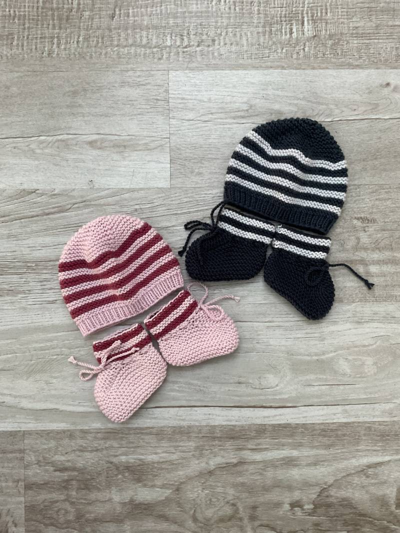 Babyset, Schühchen Und Mütze Aus Reiner Wolle | 100% Merino, Handgestrickt von DelphineCFrance