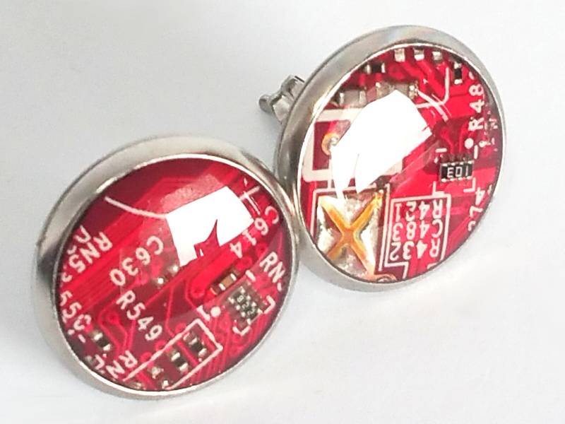 1 Paar Ohrstecker Edelstahl Ø 14mm Mit Echter Computer Platine in Rot von DeltaDesign24