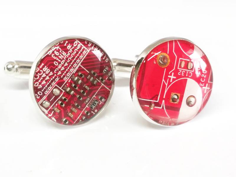1 Paar Upcycling Metall Manschettenknöpfe Ø 17, 8 Mm Computer Platine in Rot von DeltaDesign24