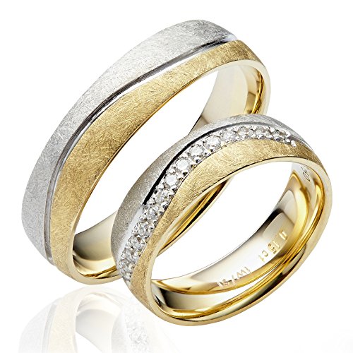 JC Trauringe Gold 585 Paarpreis Bicolor Gelbgold und Weißgold I Eheringe breit 5,5 mm I Partnerringe mit Gravur in edler Schatulle I 2 Hochzeitsringe Herrenring ohne & Damenring mit Stein I J139S von JC Trauringe