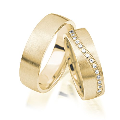 JC Trauringe 925er Sterling Silber Paarpreis I Eheringe mit kostenloser Gravur I Verlobungsringe Gold Plattiert 6 mm breit im Etui I Herren-Ring ohne & Damen-Ring mit 15 Steinen I Gr. 48 bis 72 I J302 von JC Trauringe