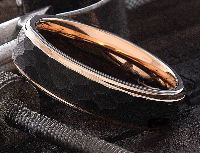 6mm Wolfram Ring - Rose Gold Individuelle Gravur Gehämmerter Herren Ehering Jubiläumsring Versprechen von DeluxeBands