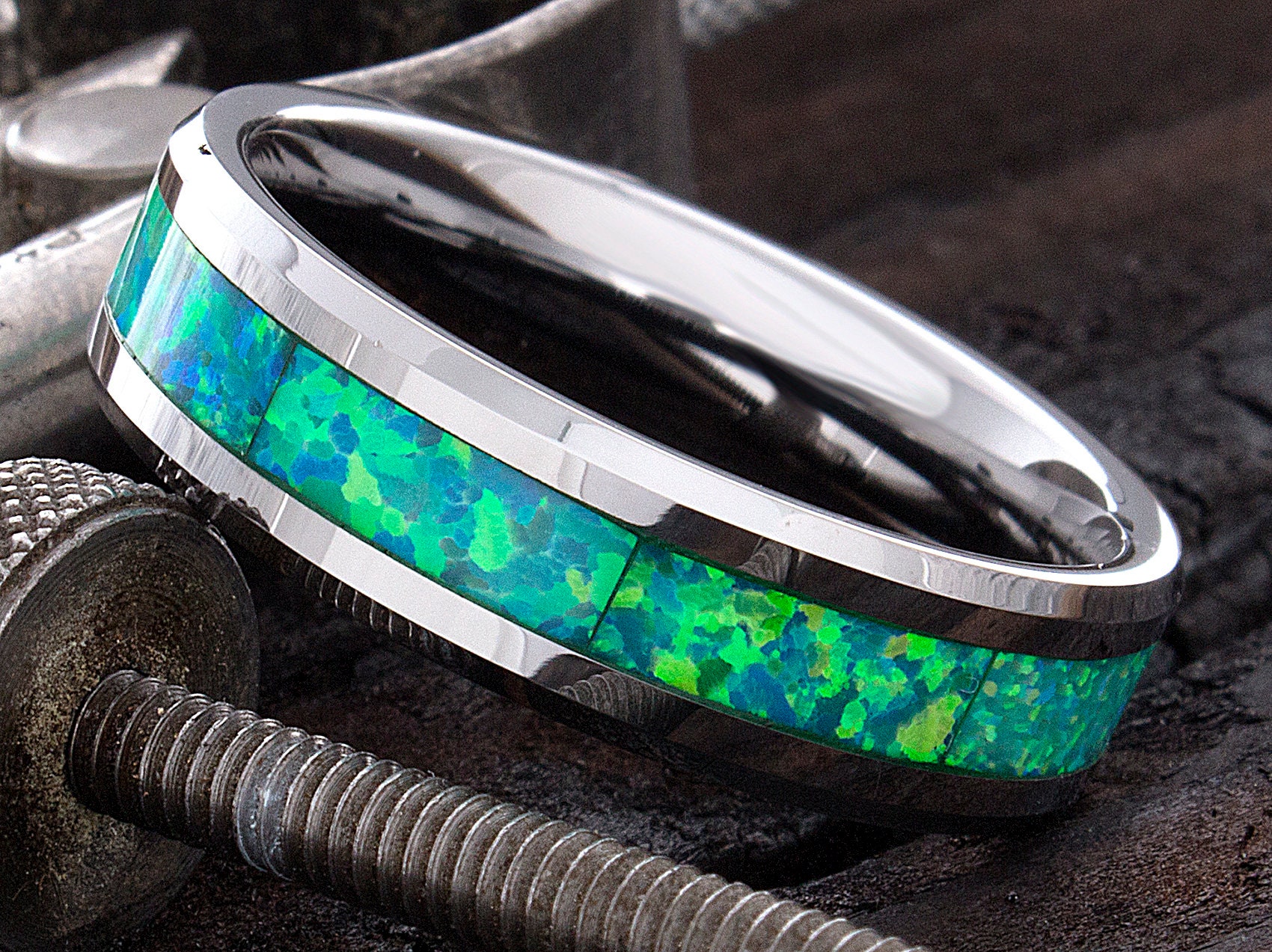 Herren Opal Ring - Ehering Inlay Geburtsstein Frauen Band Gravierter Wolfram von DeluxeBands