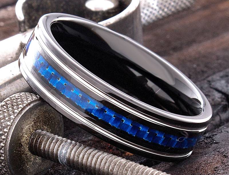 Herren Wolfram Ringe - Blauer Ehering 6mm Ring Kohlefaser Individuell Gravierter von DeluxeBands