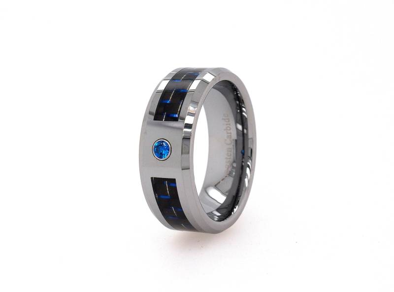 Schwarzer Kohlefaser Wolfram Ring - Blauer Saphir Ehering Damen Edelstein 8mm von DeluxeBands