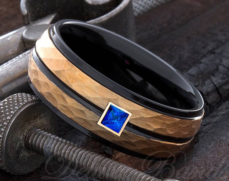 Schwarzer Wolframring Vergoldeter Ehering Ring Mit Edelstein Herrenring Kleiner Finger Geburtsstein Schmuck von DeluxeBands