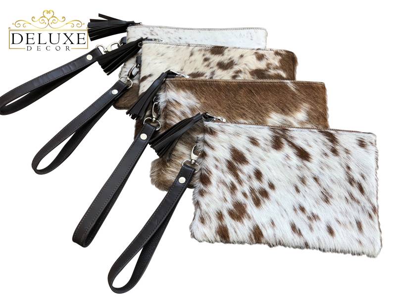 Echtes Rindsleder Armband Clutch Geldbörse Handtasche Braun Weiß Leder Gefüttert Doppelseitig 8, 5 "x 5, 5" von DeluxeDecorCowhide