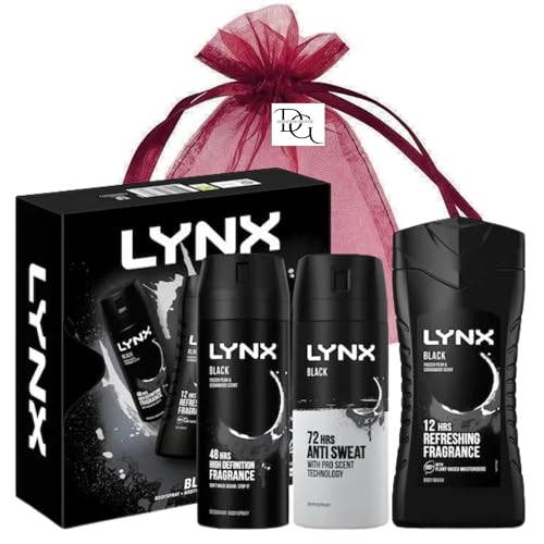 Herren Hautpflege-Bundle mit Lynx Schwarz Trio-Geschenkset für Männer Körperwäsche, Körperspray und Anti-Transpirant mit Deluxio Gifts Geschenkbeutel von Deluxio Gifts