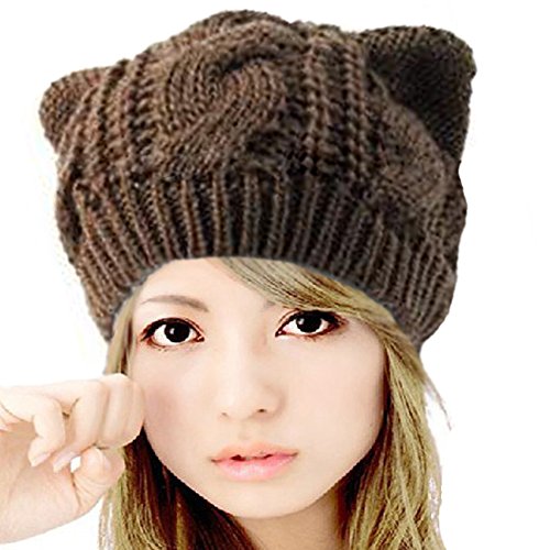 Demarkt Katze Ohren geformt Damen Mädchen häkeln Stricken Ski Hut Warm Beanie Wollmütze Wintermütze Strickmütze (Khaki) von Demarkt