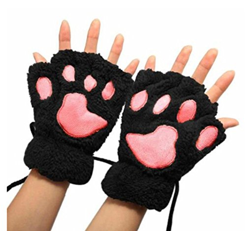 Demarkt Niedlich Katze Klaue Bär Pfote Plüsch Fingerlose Handschuhe Winter Halbfingerhandschuhe für Damen Mädchen ein Paar (Schwarz) von Demarkt